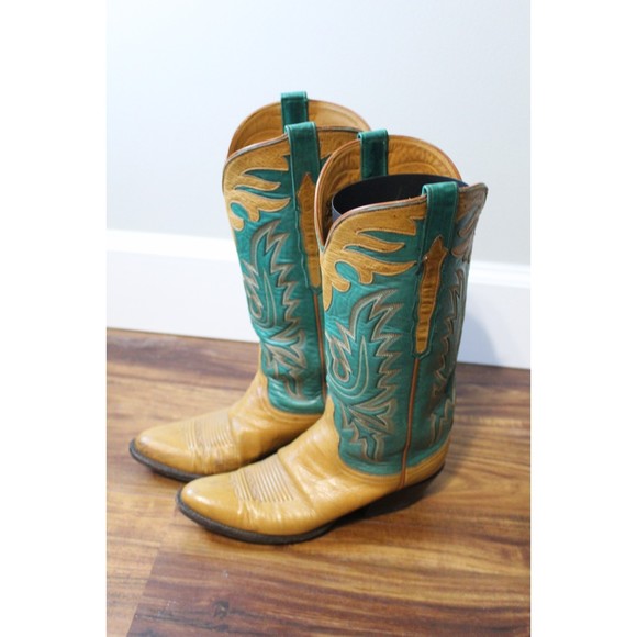 Lucchese Ostrich Handmade Classics Vintage Tan and Green Leather Boots Size 7.5B - Picture 1 of 14